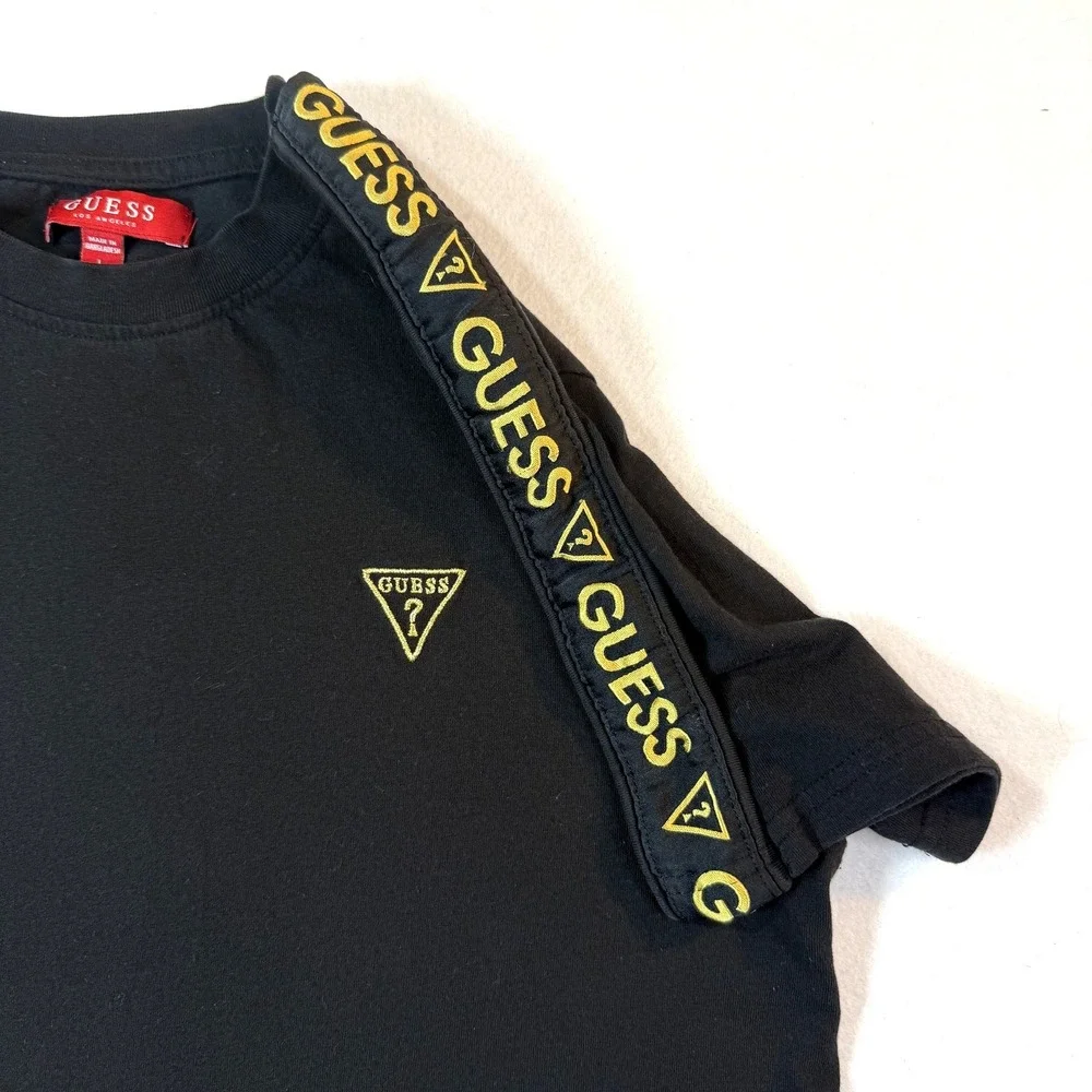 GUESS Los Angeles Men L Black Tape Sleeve TShirt Gold Embroidered Streetwear - Picture 2 of 6